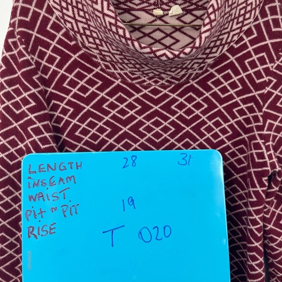 Moth Anthropologie Cowl Neck Long Sweater Tunic Wine Red White Print Large - Picture 7 of 8